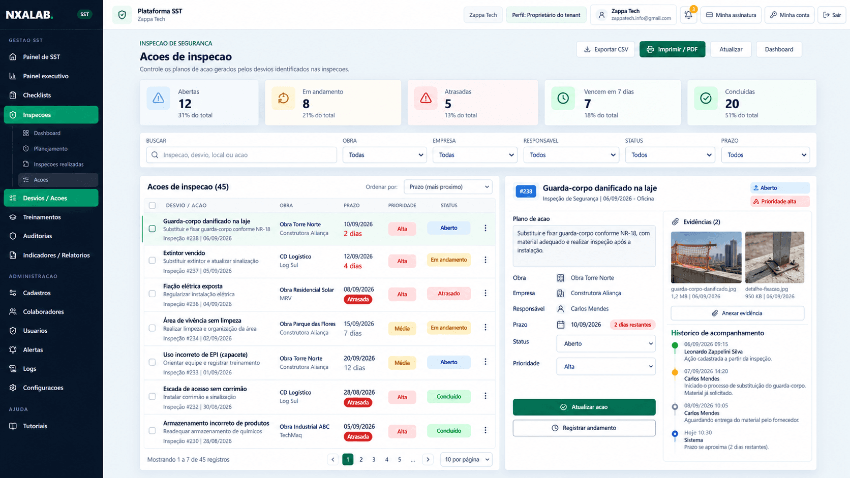 Tela de ações, desvios e planos de ação SST da NXALAB